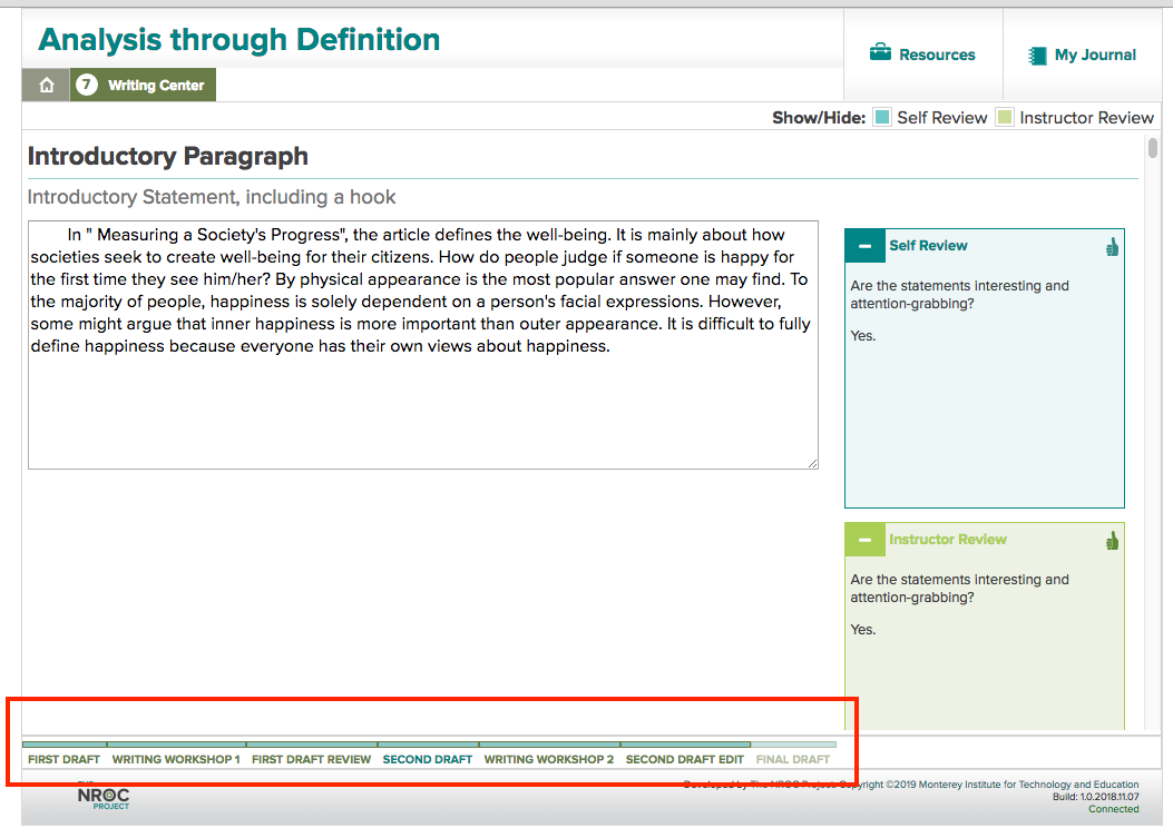 An image shows the breadcrumbs in the Developmental English Writing Center.